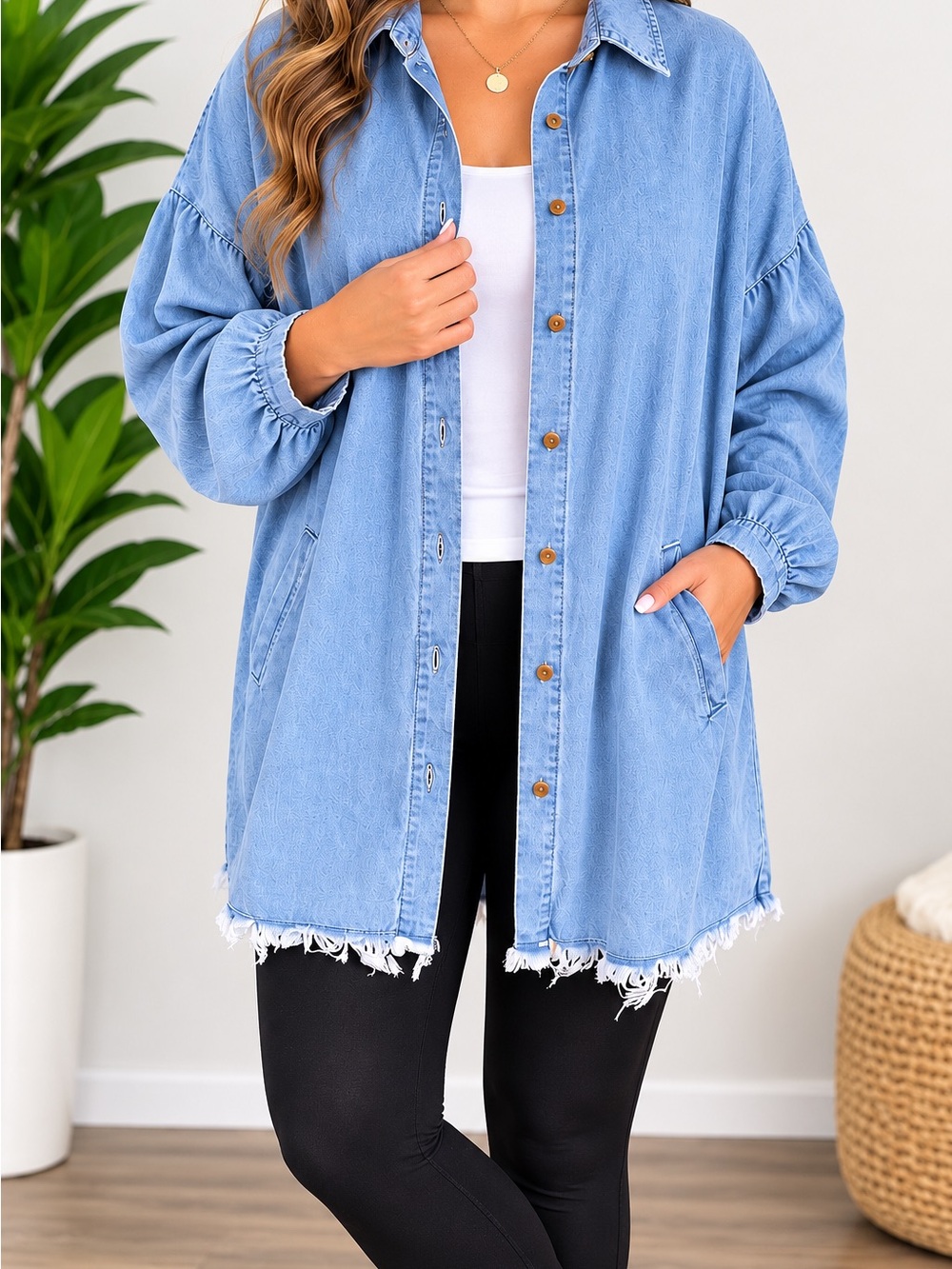 Light Blue Denim Shirt Jacket – Oversized Button Front Frayed Hem – Medium